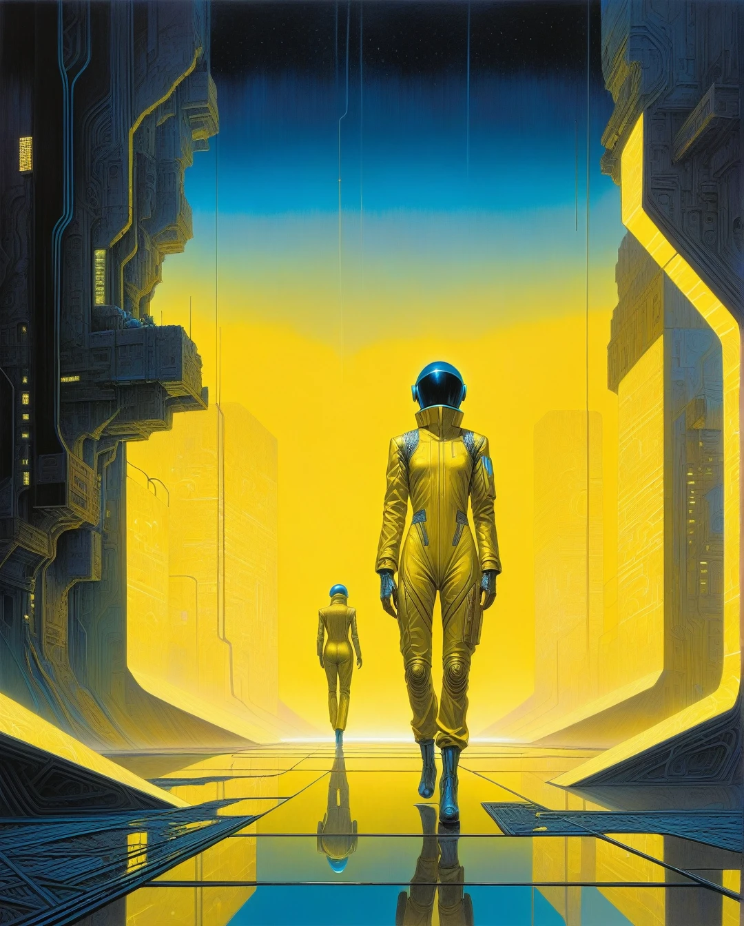 zdzislaw beksinski, In a neon-lit cyberpunk space setting, a figure emerges clad in a sleek yellow jumpsuit, designed with a distinct art style reminiscent of Yoshiaki Kawajiri. The scene is portrayed in a vivid and elaborate digital painting, showcasing sharp edges and dynamic colors. The jumpsuit gleams with metallic sheen, accentuating the mysterious allure of the character. Every detail, from the sleek contours to the intricate patterns, contributes to the image's captivating and high-quality execution, drawing viewers into a futuristic world of intrigue and sophistication.