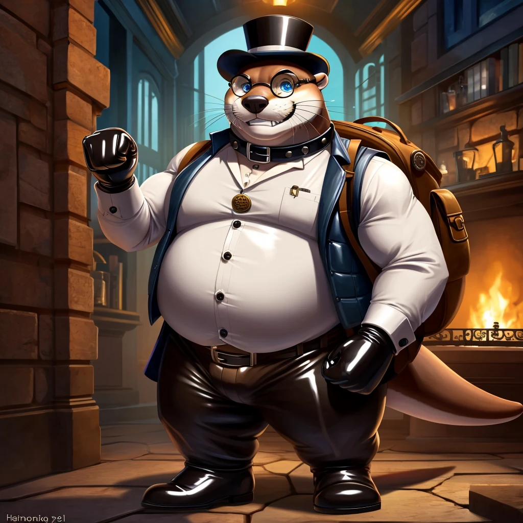 Solo, Male, fat, extremely obese, gentleman, dapper Professor Otter, blue eyes, (posing:1.3), (soft shading), 4k, hi res, ((detailed face, detailed)), looking at viewer, evil grin, steampunk, collared shirt with buttons, top hat, male focus, Explorer Outfit, glasses, monocle, bag, vest with buttons, backpack, sleeves rolled up, round eyewear, brown headwear, brown vest, Otter is wearing a glossy leather dog collar around the neck, Otter is wearing the leather collar and shirt and vest at the same time, Godzilla is wearing glossy white rubber gloves on the hands, wearing white rubber gloves on the feet, Otter is wearing glossy white cuffs around the wrists with cufflinks, gloves are rubber in texture, clenching teeth, clenching fists, leather collar is glossy and shiny with a lot of detail, Otter is wearing gloves and cuffs and cufflinks at the same time, leather collar has a round dog-tag, leather collar is thick and detailed.