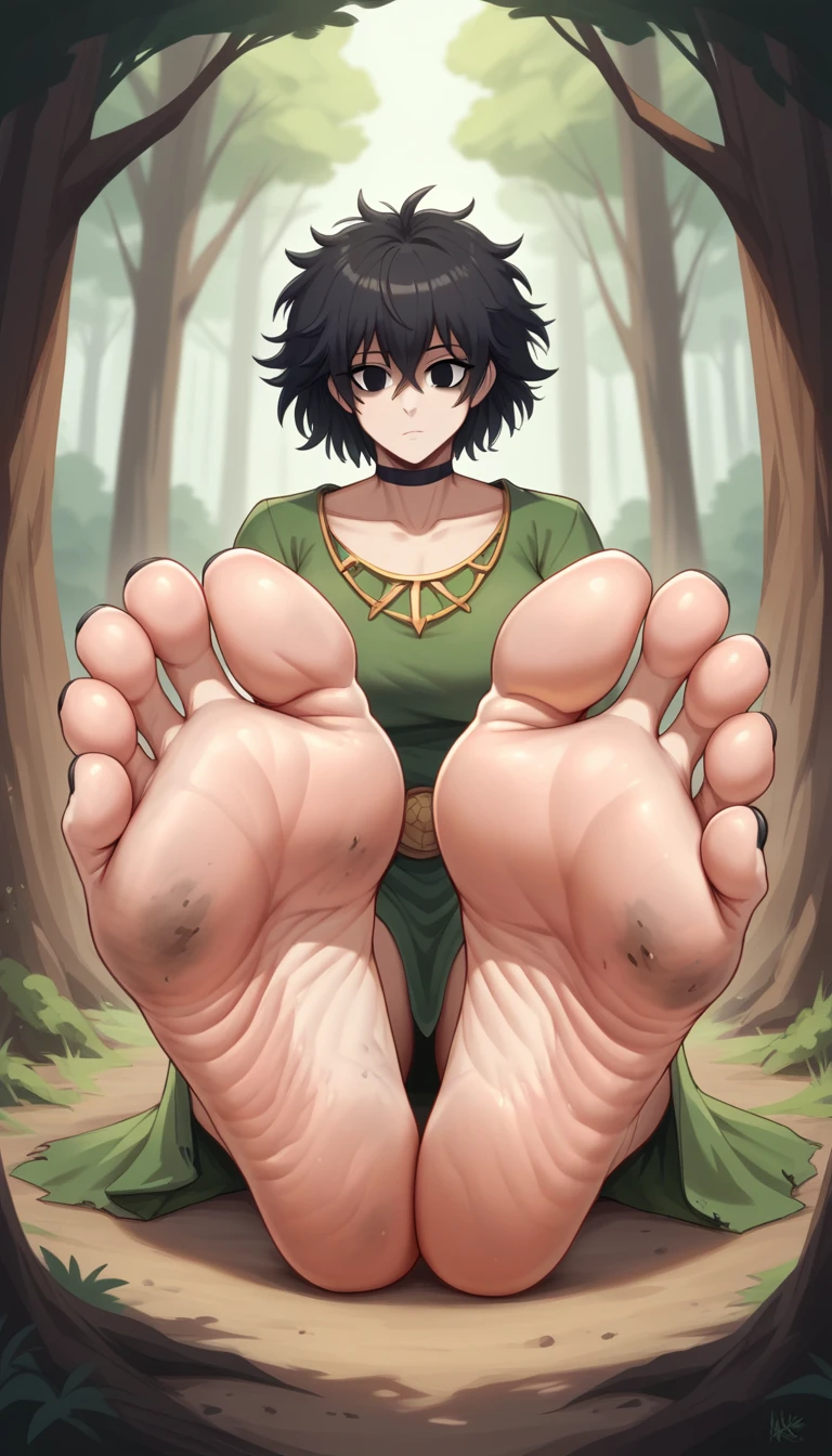 score_10, score_9_above, score_8_above, 1 girl, black fur, empty black eyes, long messy hair, dressed as a primitive mammoth skin hunter , sitting in the trees, black choker, macro gigantic, to throw, legs apart, Foot focus, Very detailed, 32k, Very detailed feet, black toenails, high soles, high arch, greek toe, wrinkled soles, gigantic, dirty feet, Very detailed drawing, Ultra quality, In a forest, gigantic