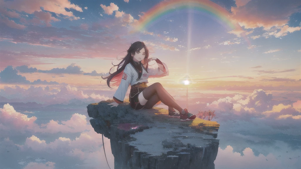 Girl, Watching the sunset, clouds and rainbow below, guweiz and Xin Haicheng, in style of Xin Haicheng, Xin Haicheng cyril rolando, sakimichan and Xin Haicheng, ross tran and Xin Haicheng, ( ( Xin Haicheng ) ), style of Xin Haicheng