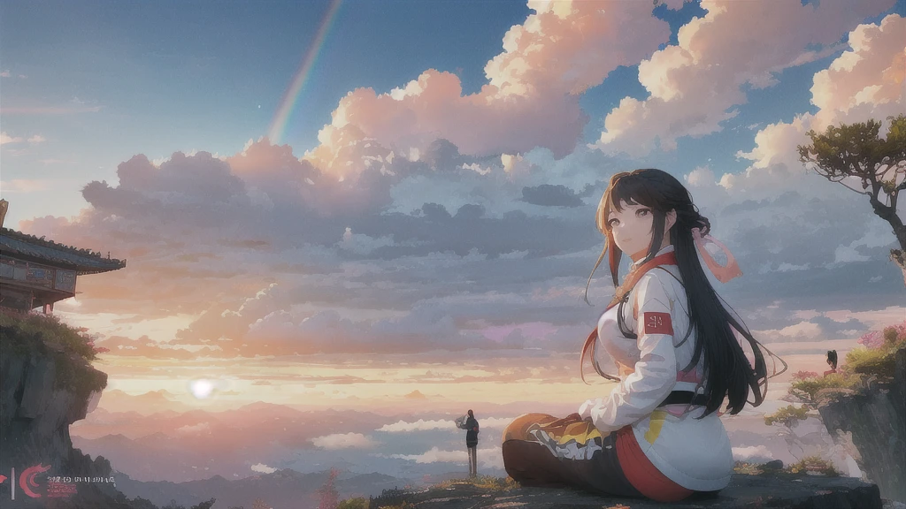 Girl, Watching the sunset, clouds and rainbow below, guweiz and Xin Haicheng, in style of Xin Haicheng, Xin Haicheng cyril rolando, sakimichan and Xin Haicheng, ross tran and Xin Haicheng, ( ( Xin Haicheng ) ), style of Xin Haicheng