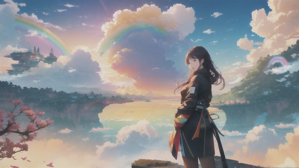 Girl, Watching the sunset, clouds and rainbow below, guweiz and Xin Haicheng, in style of Xin Haicheng, Xin Haicheng cyril rolando, sakimichan and Xin Haicheng, ross tran and Xin Haicheng, ( ( Xin Haicheng ) ), style of Xin Haicheng
