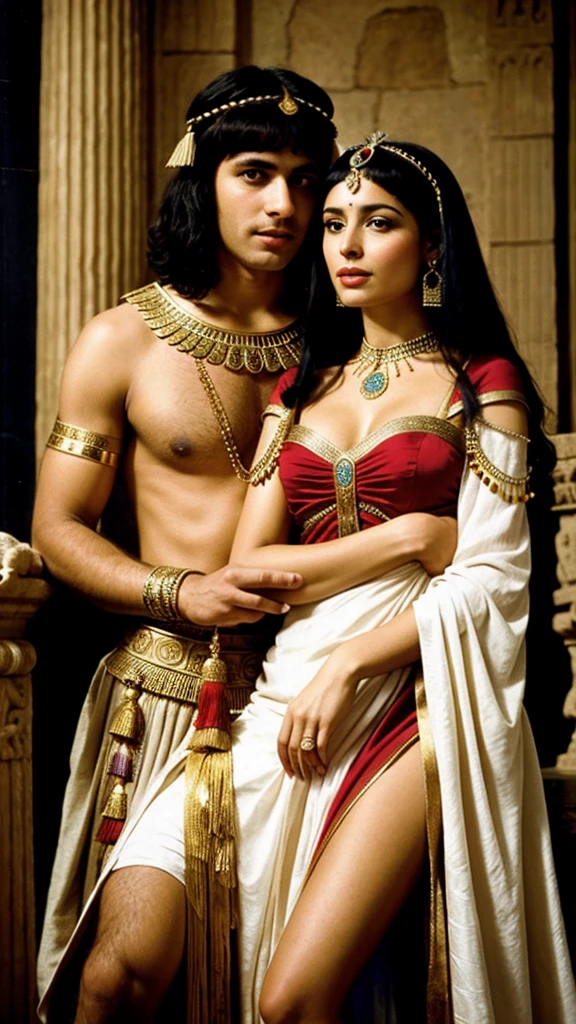 Cleopatra with her husband, in a beautiful dress, very realistic photo, beautiful facial features