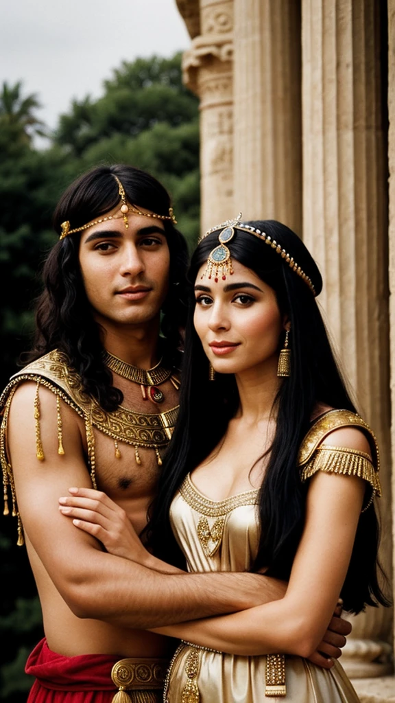 Cleopatra with her husband, in a beautiful dress, very realistic photo, beautiful facial features