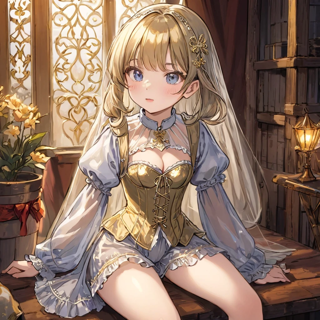 8 medieval girl, 1people、Pajamas、Gold and silver thread embroidery、Translucent underwear that reaches below the knee(Bloomers)wear、wear a semi-transparent corset、Translucent slip