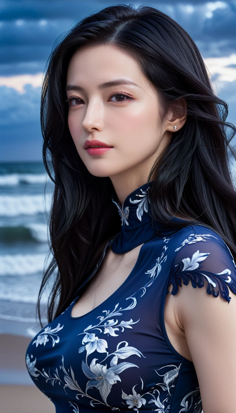 4K resolution, 8K resolution, beautiful, Highest quality, Absolutely wonderful, Very detailed, Ultra-high resolution, masterpiece, RAW Photos, Realistic, Depth of written boundary, Cinematic Light,
One elegant mature woman,
Long black hair, 精巧なディテールのbeautiful顔, Sensual look, Heavy eye make-up, Transparent white skin, Very sensitive skin, Great proportions, Glamorous Body, Anatomically correct body,
Beach Dresses, Summery design, Beautifully detailed pattern, Detailed cloth texture,
(Night sky background:1.1), (Dark sandy beach at night:1.1),
Cinematic Angle, Upper body close-up,