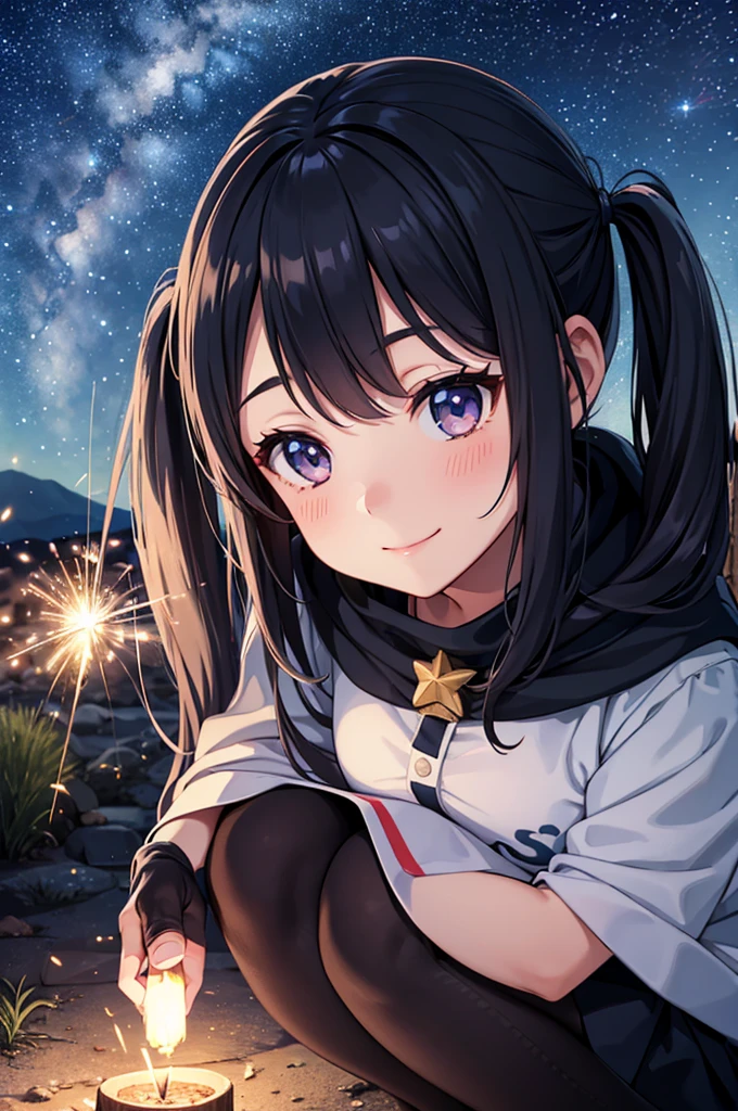 Campfire、One girl，Nice face，Dark Eyes、Light blue long hair、Beautiful girl with twin tails，Crouched down and watching sparklers、Bright smile、Warm and soft lighting，Night Sky，Starry Sky