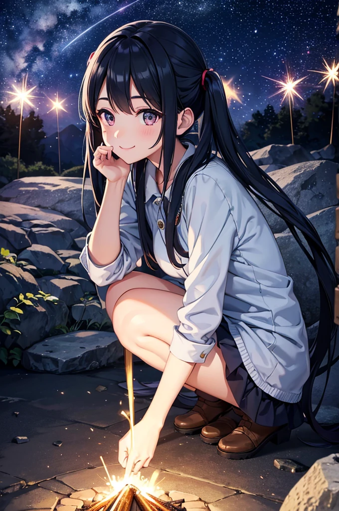 Campfire、One girl，Nice face，Dark Eyes、Light blue long hair、Beautiful girl with twin tails，Crouched down and watching sparklers、Bright smile、Warm and soft lighting，Night Sky，Starry Sky