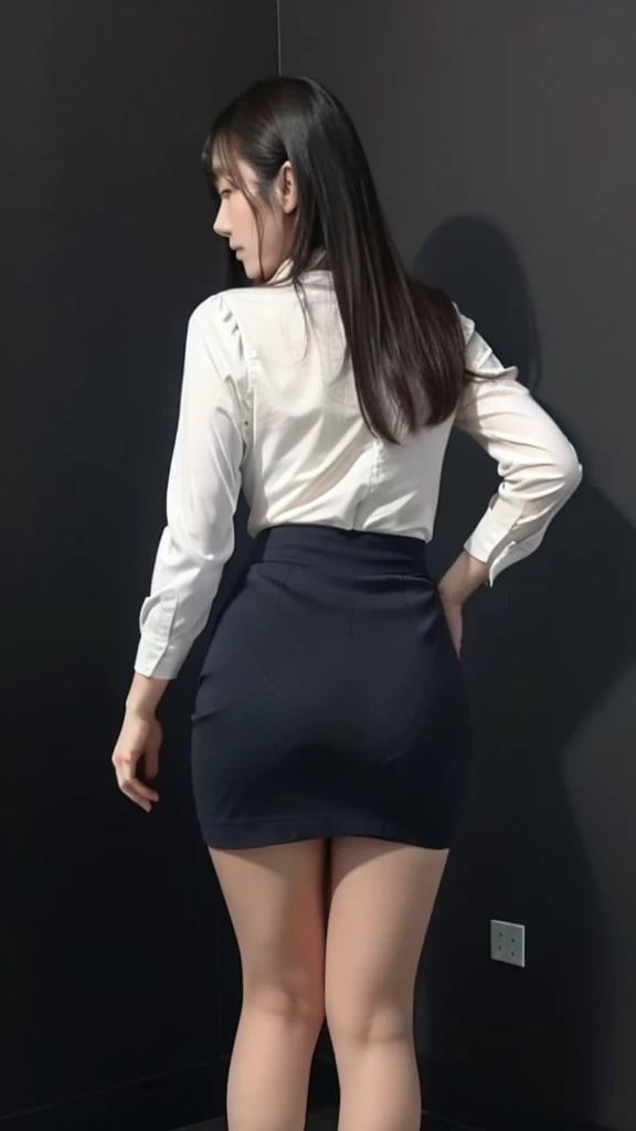 Japan woman dressed as an office lady、
(((​masterpiece))), ((top-quality)), ((intricate detailes)), (((hyper realisitic)), Absurd resolution, Near and far law, ighly detailed, Realistic, 1girl in, ((Colossal tits)), perfect hand, Detailed finger, beatiful , long hair,(Dark blue tight skirt:1.2), Detailed background、Bright interior,White blouses,  mesmerizing eyes, from backview、 ass、Calf,Bukkake、high-heels