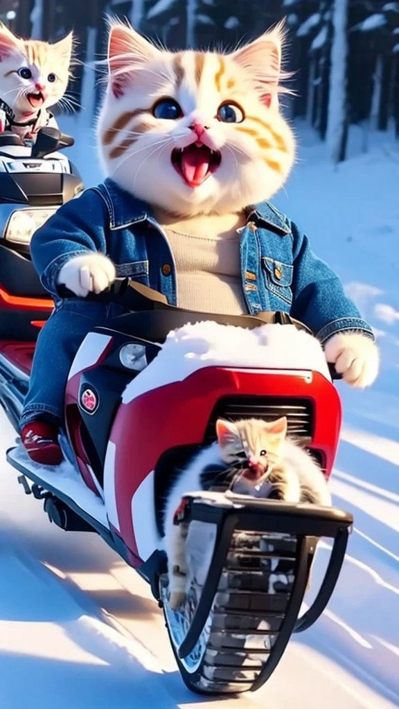 Generate an realistic a anthropomorphic white chubby kitten excitedly driving a black and red snowmobile on snowy mountains, wearing denim-shorts and black shoes with sox. Some people are walking around, and some are seen riding snowmobiles. blue sky, trees, landscape wide angle, cinematic shot with hyper details