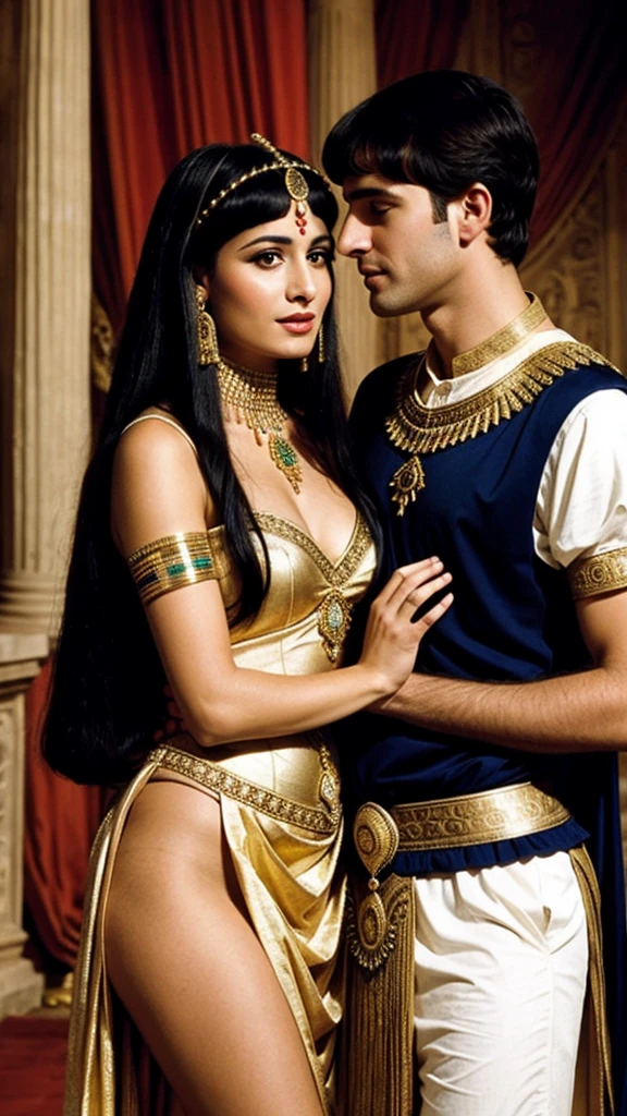 Cleopatra with her husband, in a beautiful dress, very realistic photo, beautiful facial features
