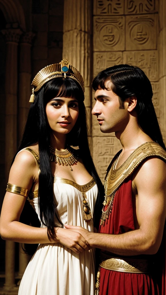 Cleopatra with her husband, in a beautiful dress, very realistic photo, beautiful facial features