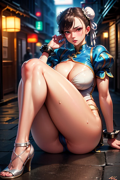 (Very detailed,Highest quality,4K,8K,16K,High resolution,masterpiece:1.5), (Perfect hands,Perfect Legs), (Realistic,photoRealistic,photo-Realistic:1.37),
One beautiful woman, Chunli, Chunli, Street Fighter,
Beautifully detailed sweat glands, Smooth skin texture, Carefully drawn,
Outstanding proportions, Lively expressions, (Big Breasts), (Big Ass), ((Sticky with sweat)), In a sexy pose,
Outdoor, Chinese back alley at night,