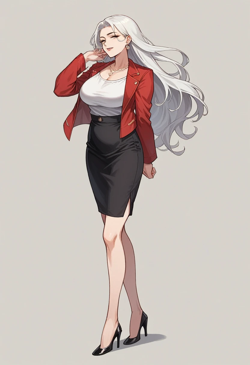 Highest quality, anime, One Girl, whole body, 38Old woman, Bewitching beauty, Mature Woman, (Black wavy long hair), White shirt inner, Red jacket outerwear, Close the front of the jacket, Red tight skirt, Black high heels, Female CEO, Front standing, necklace, Earrings