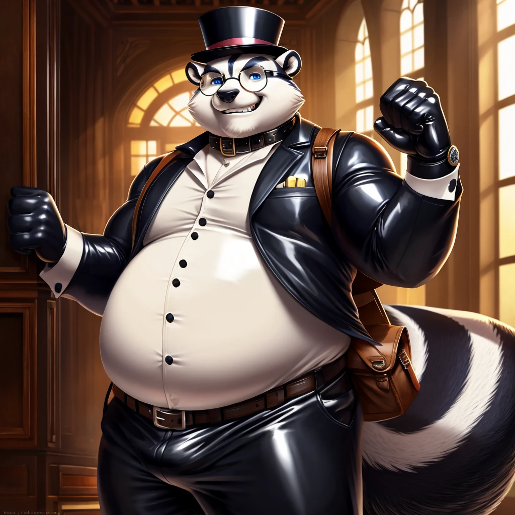 Solo, Male, fat, extremely obese, gentleman, dapper Professor Skunk, blue eyes, (posing:1.3), (soft shading), 4k, hi res, ((detailed face, detailed)), looking at viewer, evil grin, steampunk, collared shirt with buttons, top hat, male focus, Explorer Outfit, glasses, monocle, bag, vest with buttons, backpack, sleeves rolled up, round eyewear, brown headwear, brown vest, Skunk is wearing a glossy leather dog collar around the neck, Skunk is wearing the leather collar and shirt and vest at the same time, Skunk is wearing glossy white rubber gloves on the hands, wearing white rubber gloves on the feet, Skunk is wearing glossy white cuffs around the wrists with cufflinks, gloves are rubber in texture, clenching teeth, clenching fists, leather collar is glossy and shiny with a lot of detail, Skunk is wearing gloves and cuffs and cufflinks at the same time, leather collar has a round dog-tag, leather collar is thick and detailed.