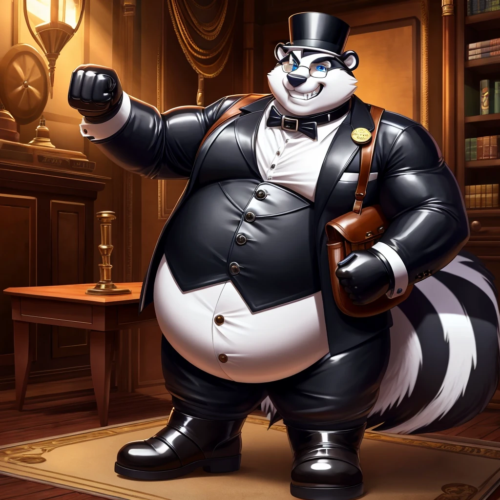Solo, Male, fat, extremely obese, gentleman, dapper Professor Skunk, blue eyes, (posing:1.3), (soft shading), 4k, hi res, ((detailed face, detailed)), looking at viewer, evil grin, steampunk, collared shirt with buttons, top hat, male focus, Explorer Outfit, glasses, monocle, bag, vest with buttons, backpack, sleeves rolled up, round eyewear, brown headwear, brown vest, Skunk is wearing a glossy leather dog collar around the neck, Skunk is wearing the leather collar and shirt and vest at the same time, Skunk is wearing glossy white rubber gloves on the hands, wearing white rubber gloves on the feet, Skunk is wearing glossy white cuffs around the wrists with cufflinks, gloves are rubber in texture, clenching teeth, clenching fists, leather collar is glossy and shiny with a lot of detail, Skunk is wearing gloves and cuffs and cufflinks at the same time, leather collar has a round dog-tag, leather collar is thick and detailed.