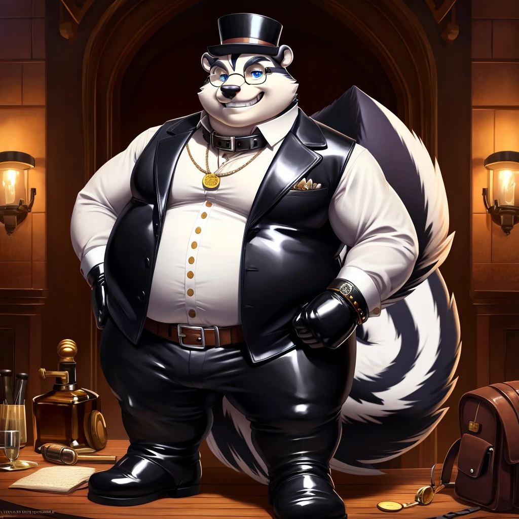 Solo, Male, fat, extremely obese, gentleman, dapper Professor Skunk, blue eyes, (posing:1.3), (soft shading), 4k, hi res, ((detailed face, detailed)), looking at viewer, evil grin, steampunk, collared shirt with buttons, top hat, male focus, Explorer Outfit, glasses, monocle, bag, vest with buttons, backpack, sleeves rolled up, round eyewear, brown headwear, brown vest, Skunk is wearing a glossy leather dog collar around the neck, Skunk is wearing the leather collar and shirt and vest at the same time, Skunk is wearing glossy white rubber gloves on the hands, wearing white rubber gloves on the feet, Skunk is wearing glossy white cuffs around the wrists with cufflinks, gloves are rubber in texture, clenching teeth, clenching fists, leather collar is glossy and shiny with a lot of detail, Skunk is wearing gloves and cuffs and cufflinks at the same time, leather collar has a round dog-tag, leather collar is thick and detailed.