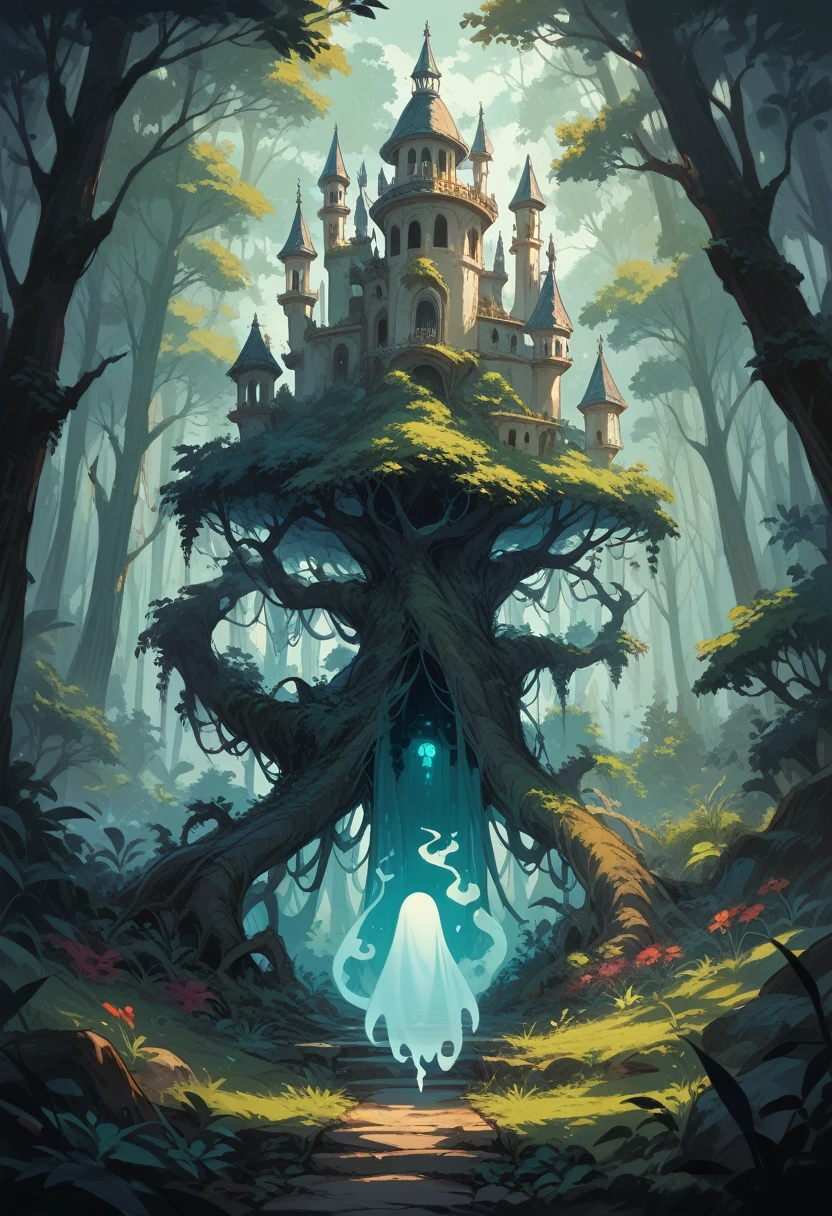 A floating  ghost in a haunted, magical forest, full body view in 8K, best quality, masterpiece