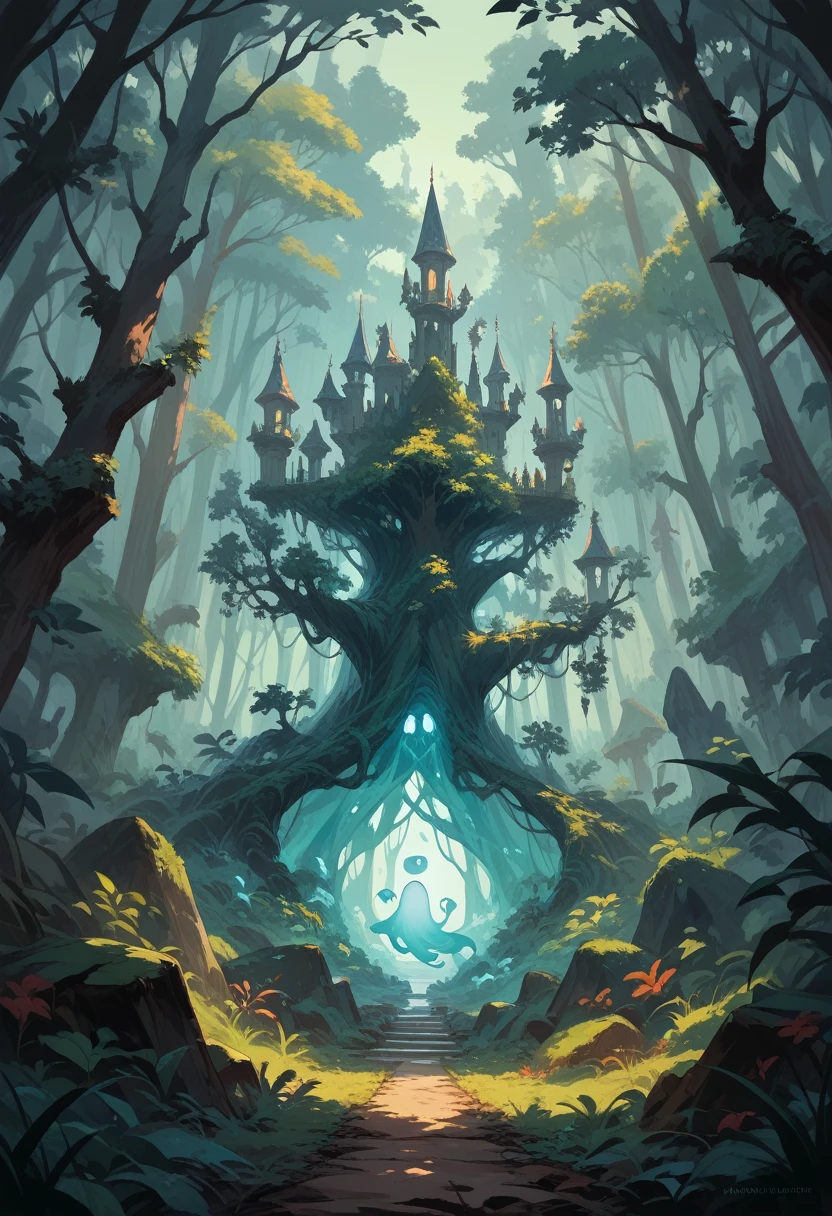 A floating ghost in a haunted, magical forest, full body view in 8K, best quality, masterpiece