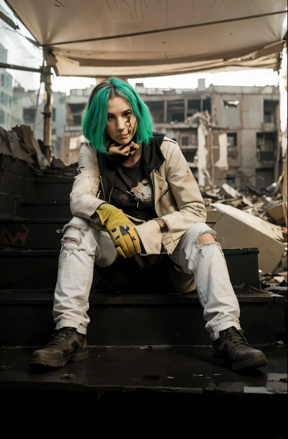 (Best quality, 8k, 32k, Masterpiece, UHD:1.2), "Transform the scene into a post-apocalyptic Gotham City, inspired by the nightmarish timeline from Zack Snyder's Justice League. Picture a cityscape shrouded in darkness and chaos, with towering skyscrapers partially collapsed, their steel frames exposed and crumbling. The streets are littered with debris, abandoned vehicles, and remnants of past conflicts.

The sky is overcast with a perpetual, ominous gray, casting a somber light over the ruins. Fires burn in the distance, their smoke mingling with the oppressive atmosphere. The iconic Bat-Signal, broken and flickering, casts a haunting glow across the desolate city.

Buildings are covered in graffiti, and posters of missing persons are plastered on walls, hinting at the despair and struggle of the remaining survivors. The streets are devoid of life, save for the occasional scavenger or lurking danger. The once-bustling metropolis is now a ghost town, echoing with the memories of a lost civilization.

The setting should evoke a sense of desolation and unease, capturing the grim and haunting environment of a Gotham City ravaged by apocalypse and conflict, where hope is a distant memory."