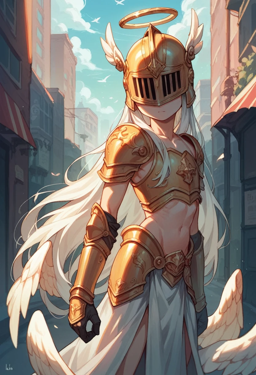   girl,armor, slit, bare breasts, hair hide nipple, ((flat chest)),slender, In to stage,long hair,(loli),danceing,white hair,angel wings,(((golden helmet))),(((cover one's eyes))),city street