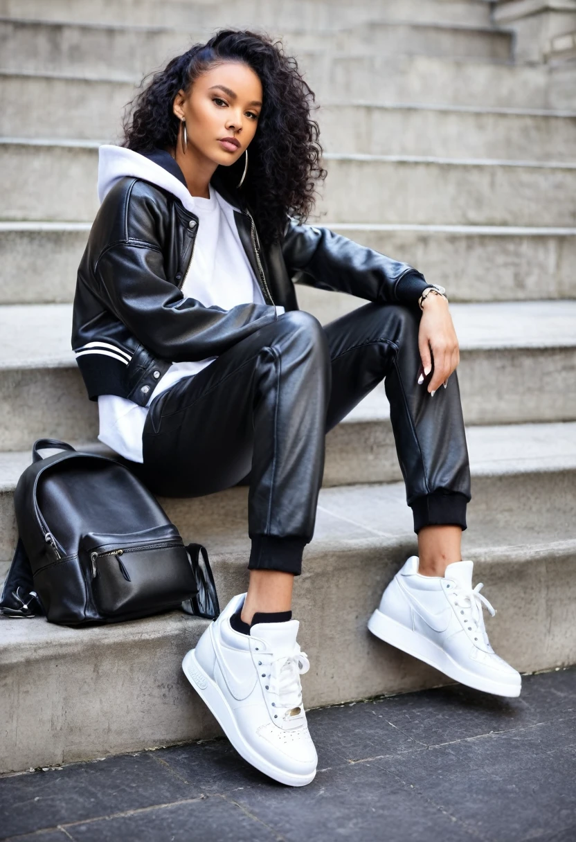 Combine a leather varsity jacket with jogger pants and a cropped hoodie. Finish with chunky sneakers and a leather backpack for an athleisure look with an edge.