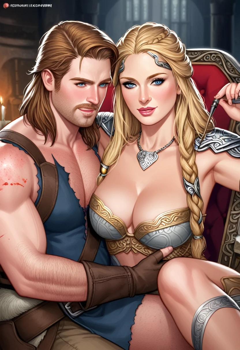 painting of a couple of people sitting on a throne with a large axe, mark brooks frank frazetta, tyler edlin fantasy art, by Tim Hildebrandt, by Johannes Helgeson, female viking, by Greg Hildebrandt, adrian smith fantasy art, norse goddess, by Tim and Greg Hildebrandt, barbarian, michael whelan and karol bak, by Daniel Ljunggren