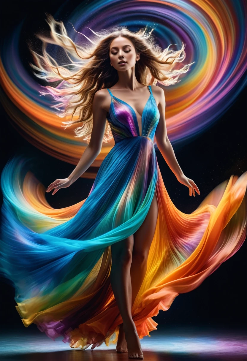(best quality, 8k, masterpiece, highres, ultra-detailed), photorealistic, woman, dancing, swirling vortex, colors, light, fluid, graceful, defying gravity, shimmering iridescent dress, luminous flowing hair, abstract shapes, textures, dreamlike unreality, ethereal, vibrant, dynamic, motion blur, magical, mystical, fantasy, intricate details, realistic anatomy.