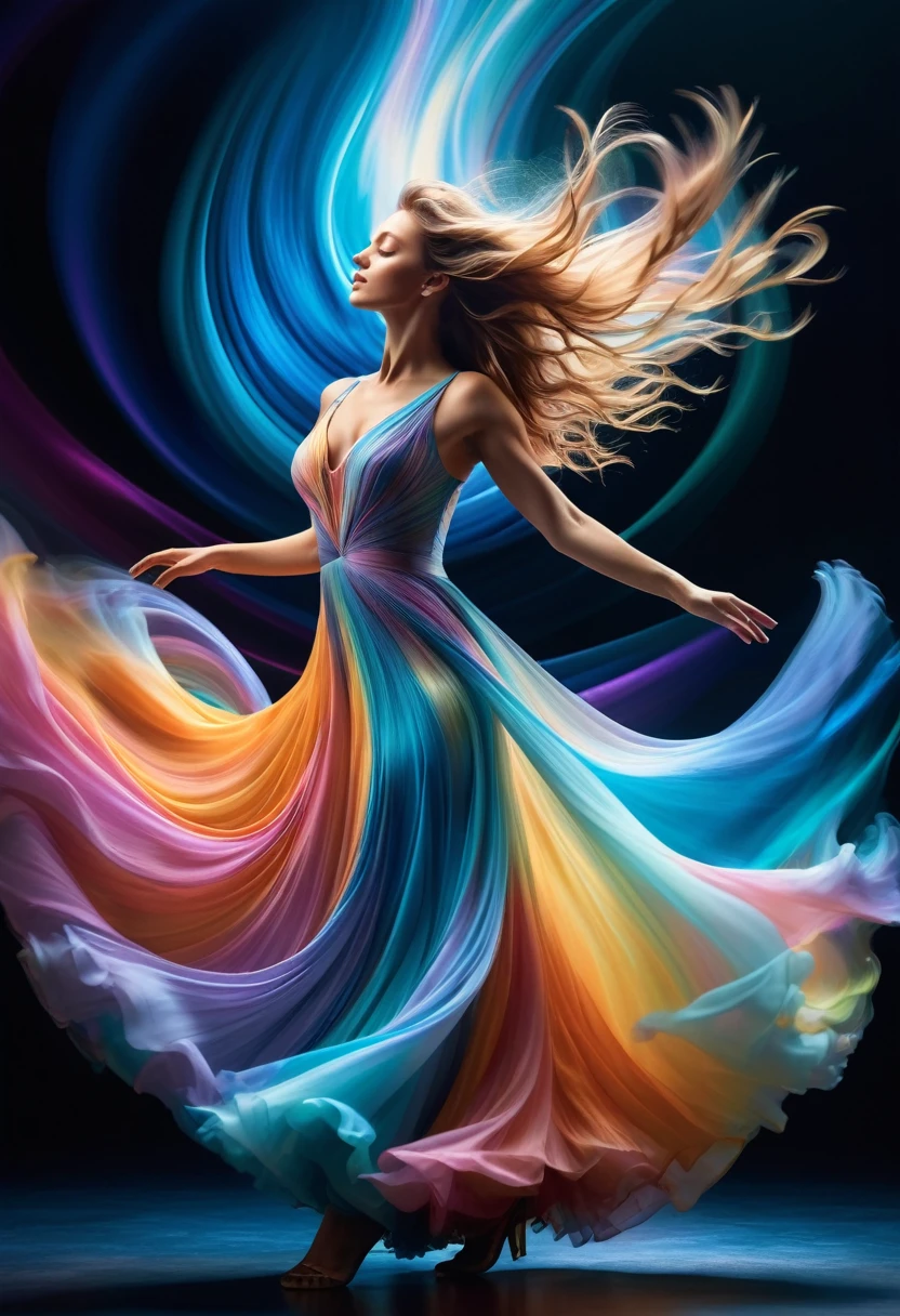 (best quality, 8k, masterpiece, highres, ultra-detailed), photorealistic, woman, dancing, swirling vortex, colors, light, fluid, graceful, defying gravity, shimmering iridescent dress, luminous flowing hair, abstract shapes, textures, dreamlike unreality, ethereal, vibrant, dynamic, motion blur, magical, mystical, fantasy, intricate details, realistic anatomy.