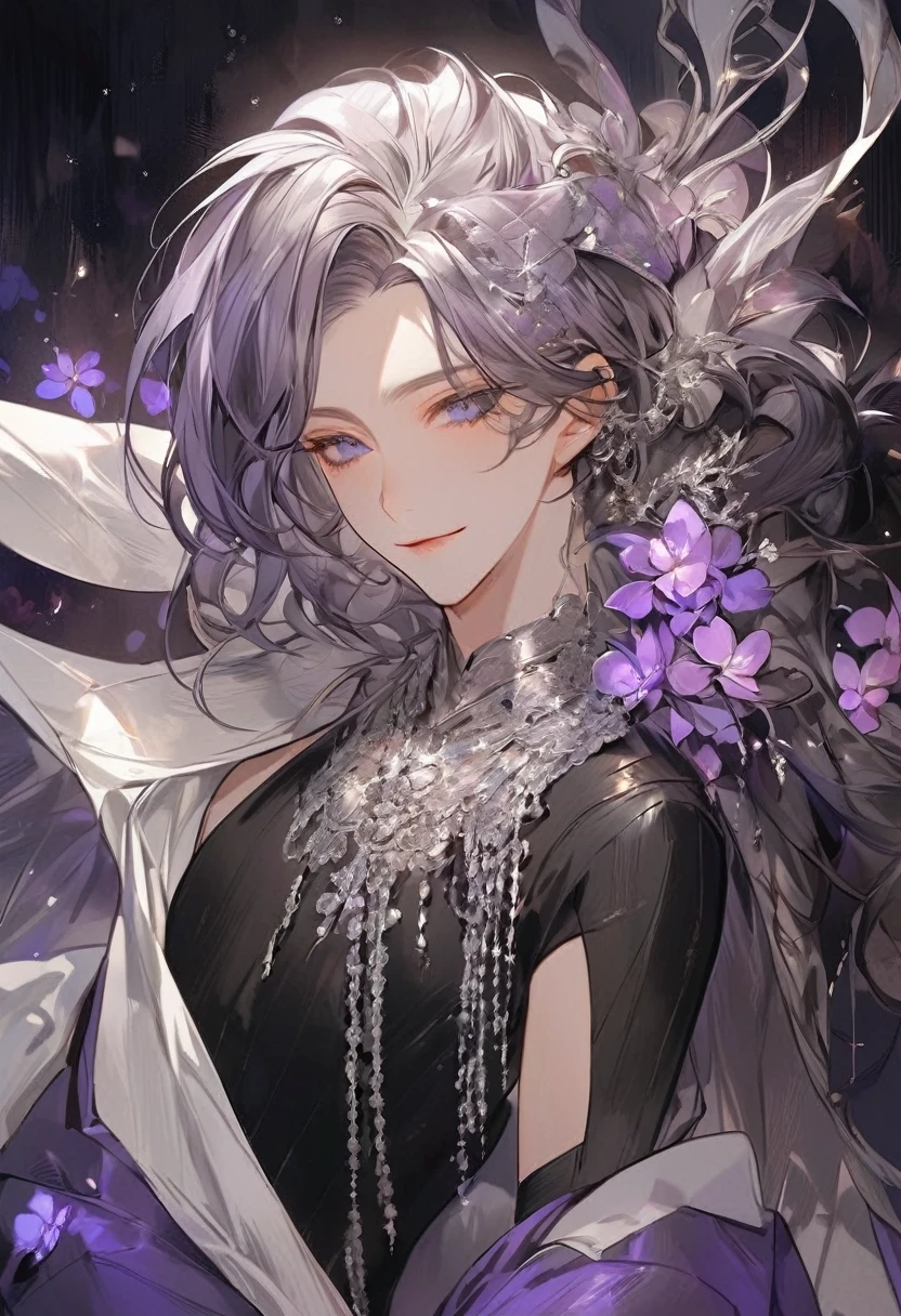Feminine boy, beautiful soft facial features, smile, squinted siren dark blue eyes without glare, silver and dark purple long loose hair with straight bang, fantasy black fit clothes with blue and purple elements, long black gloves, model, gorgeous, elegant, lots of silver jewelry, flowers in his hair, skinny body