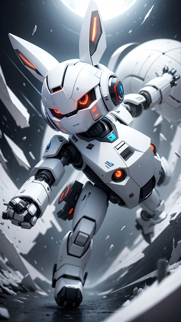 robot rabbit, White color, humanoid, playing a tornado
