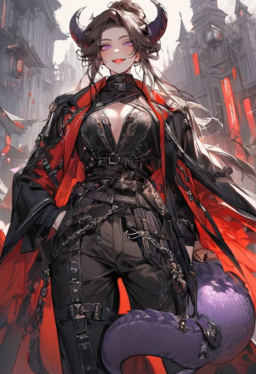 Tall woman, cheeky mad smile, brunette, hair gathered in a low bun, red and black clothes with open chest, purple eyes, dragon tail and horns, belts, pants, many details, light lipstick