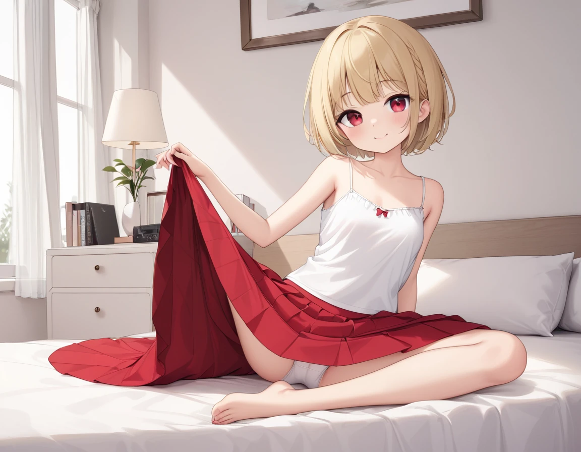 Short girls、White camisole、Slightly transparent、Bright red long skirt、Lift up your skirt with both hands、Showing off cute white underwear、barefoot