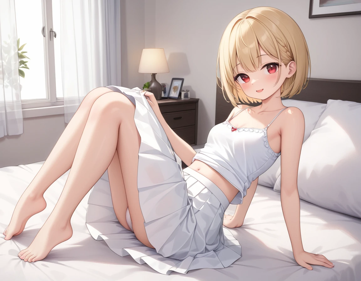 Short girls、White camisole、Slightly transparent、Bright red long skirt、Lift up your skirt with both hands、Showing off cute white underwear、barefoot