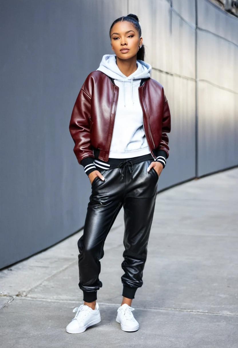 Combine a leather varsity jacket with jogger pants and a cropped hoodie. Finish with chunky sneakers and a leather backpack for an athleisure look with an edge.
