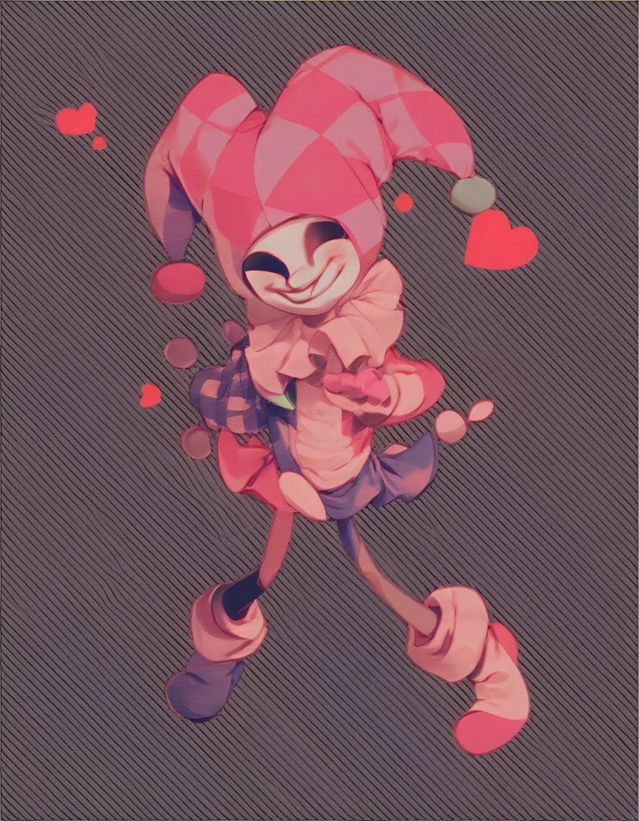 rosy_alt, solo, gloves, 1girl, hat, full body, female focus, heart, english , checkered background, jester cap, source