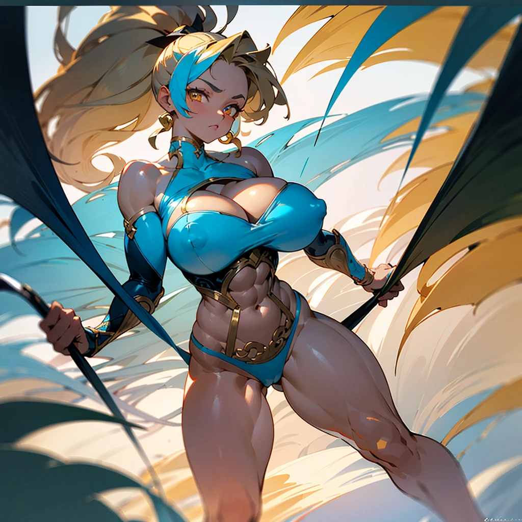 ((best quality)), ((masterpiece)), (detailed), 1girl, off-shoulder sweater, 8k_wallpaper, extremely detailed eyes, extremely detailed body, (large masterpiece digital art), ((perfect anatomy huge chest)), (intricate details:1.3), (ultra-detailed:1.3), (sharp focus:1.3), (natural lighting:1.05), (vivid colors:1.3), (best quality:1.4), high quality, expressive eyes, full body, tall girl, detailed face, beautiful face, perfect face, detailed ((sand hair)), (gold eyes), {{dark skin}}, ({dark skinned female}), gigantic breasts, thick thighs, a young Korean woman, (with golden eyes), (ponytail sandy lush hair), {tanned dark bronze skins), [[nipple piercing]], powerful sculpted leg muscles, powerful sculpted arm muscles, powerful sculpted abdominal muscles, sculpted thigh muscles, no underwear, naked, walking through the forest, trees with blue foliage and white flowers,
