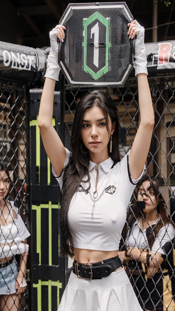 1girl, black_hair, long_hair, belt, skirt, jewelry, earrings, breasts, solo, gloves, shirt, arms_up, looking_at_viewer, chain-link_fence, fence, white_skirt, holding, midriff, crop_top, fingerless_gloves, white_shirt, white_gloves, black_belt, short_sleeves, large_breasts, blurry, blurry_background, collared_shirt