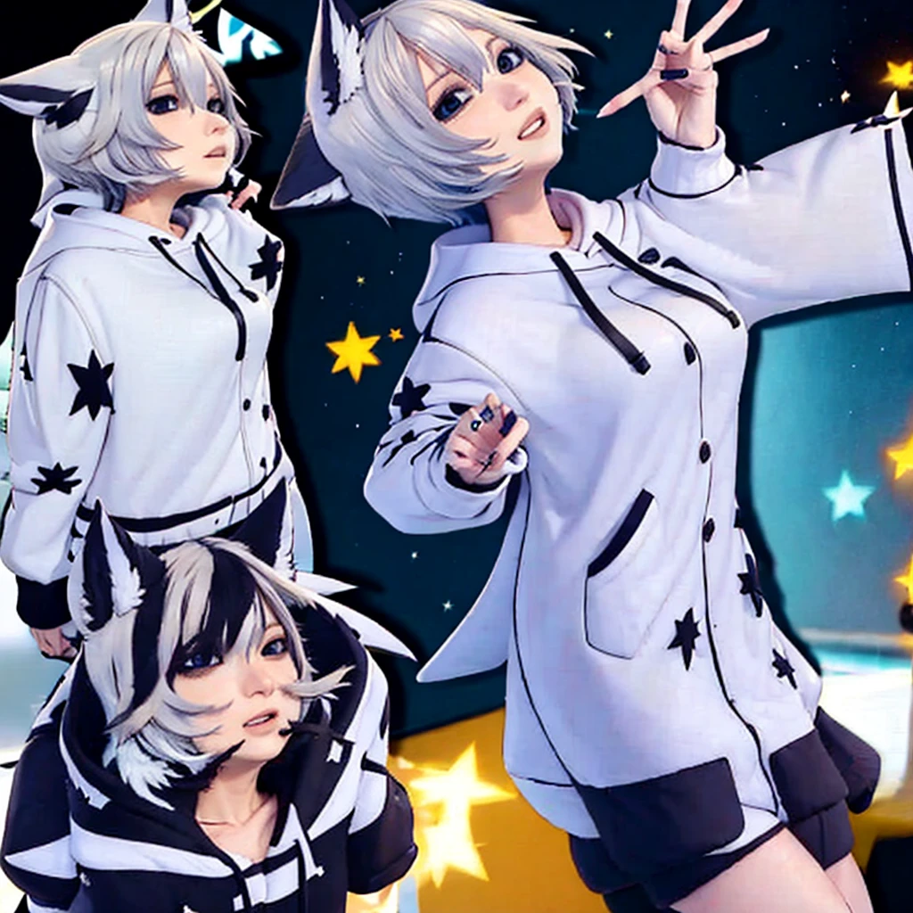 White-haired beautiful girl、Animal Ears、Sadistic smile、hoodie、Big Breasts、cute、Low - Angle、condescending、whole body、front、valley、Bare legs、Character portrait、Alone