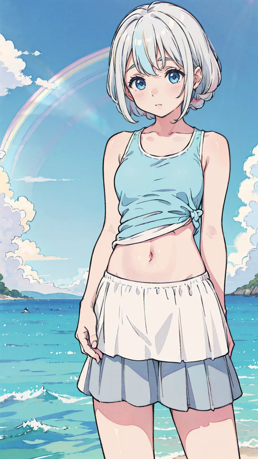 Enjoying the morning sun on the beach、(water colour,tegaki:1.4),(soft pastel colors:1.3),(Platinum hair:1.3),( blue colored eyes:1.1),break,,(pastel white rainbow color palette:1.3),(pastel rainbow tank top:1.4),(mini-skirt:1.3),(musical score:1.1)、kawaii、rough touch、detailed expression、(teenagers、gorgeous eyes、blue colored eyes、gray hair、curly hair、苗条、breasts small、 flegs、inner thighs、beautiful fur、perfect fingertips、8 heads、look away、during、lolicon)、hypdertailed