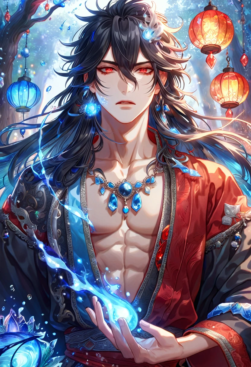 absurdres, highres, ultra detailed, HDR, master piece, best quality, extremely detailed face, delicated features, Xue Yu, untamed spiky hair, black hair, long hair, hair between the eyes, expressive red eyes, Thousand Years War, solo, sexy man, handsome, toned chest, black haori, red fantasy robes, water, fantasy, magic, envy magical, forest, blue dust, blue lanterns, blue fire, blue floating round lights