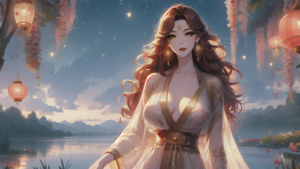 UHD, textured skin, high detail, anatomically correct, SOLO, 1 female, Xian mei, unique golden eyes, long red curly hair, jewelry, round, big breasts, perfect anatomy, walking by the lake, clear water nude, nude, sexy, hot , stars at night, shooting stars, wonderful sky, dear night sky,