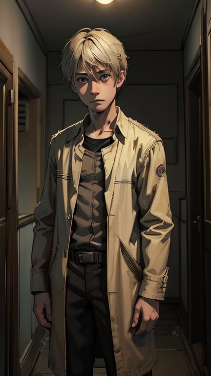 best quality,masterpiece,1boy,solo,(((15years old))),japanese boy,an extremely cute and handsome boy,highly detailed beautiful face and eyes,petit,cute face,lovely face,baby face,shy smile,show teeth,Blonde hair,short hair,flat chest,skinny,slender,(((wearing a John Constantine costume)),(((standing in reelunsettling dark indoors room))),he is looking at the viewer,