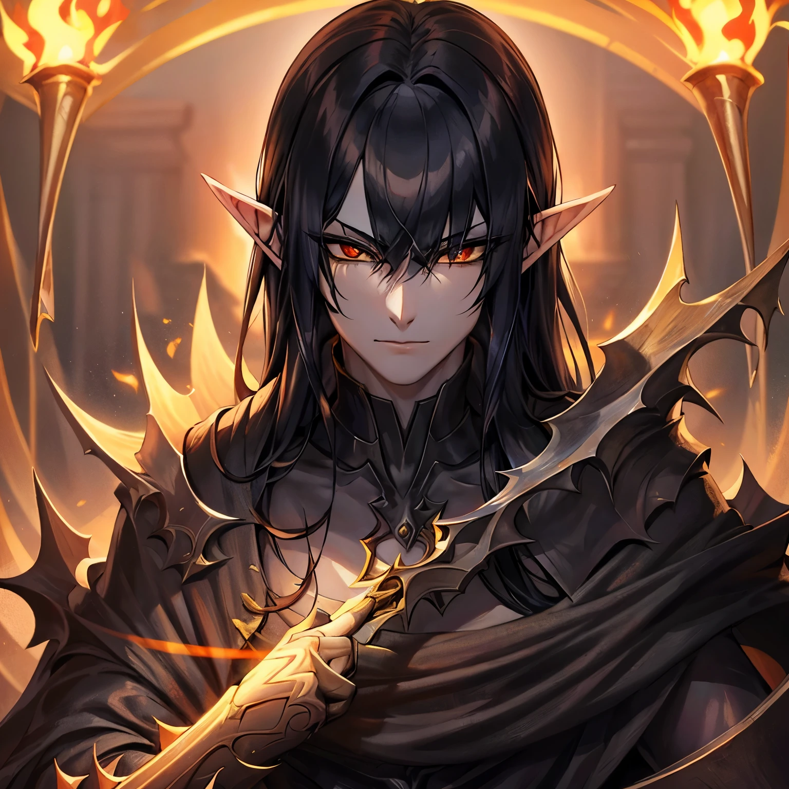 Long black hair, pale skin, beautiful refined face, golden fiery eyes with a vertebral pupil, black robe, with black jewelry, male, elf