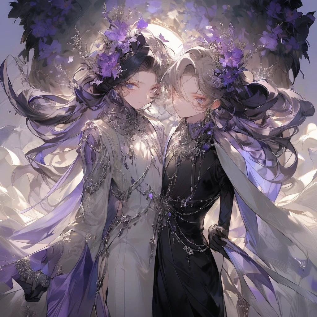 Feminine boy, beautiful soft facial features, smile, squinted siren dark blue eyes without glare, silver and dark purple long loose hair with straight bang, fantasy black fit clothes with blue and purple elements, long black gloves, model, gorgeous, elegant, lots of silver jewelry, flowers in his hair, skinny body
