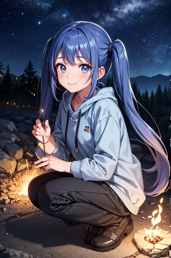 Campfire、One girl，Nice face，Dark Eyes、Light blue long hair、Beautiful girl with twin tails，Crouching down and holding a sparkler, watching the sparklers、Bright smile、Warm and soft lighting，Night Sky，Starry Sky