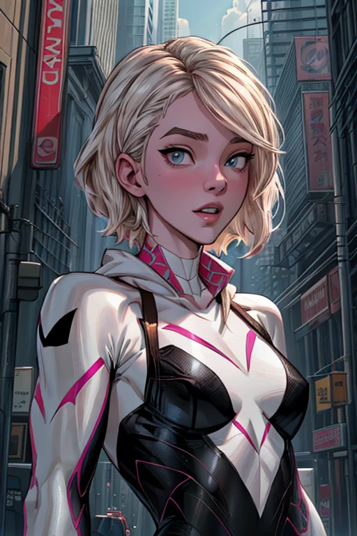 (masterpiece, top quality, best quality, official art, beautiful and aesthetic:1.2),highly detailed face,1girl,gwen_stacy, (portrait:1.3),spider-gwen suit , bodysuit , superhero,(extremely detailed,highres, highest detailed,8k,absurdres,CG),cyberpunk city, happy