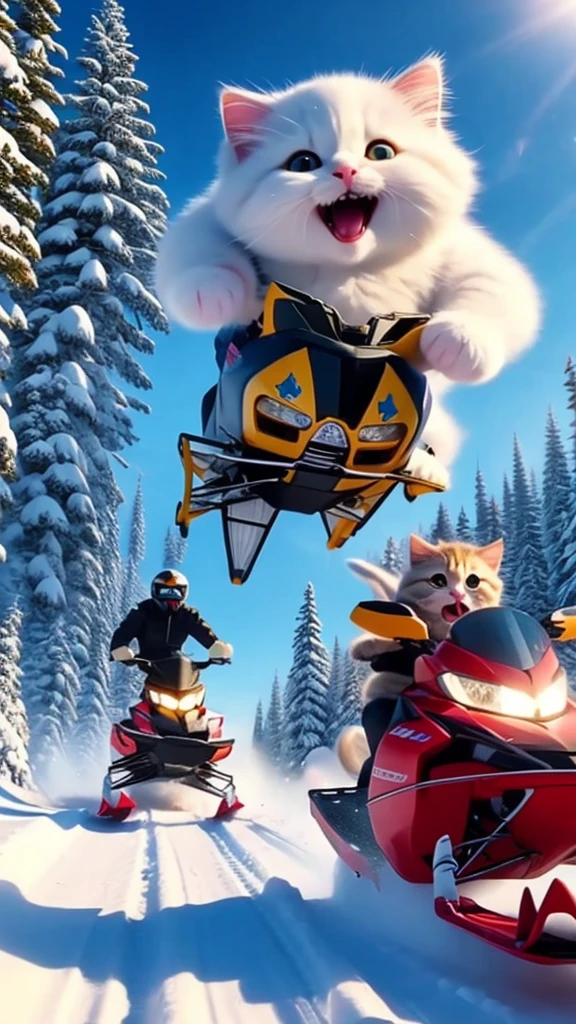 Generate an realistic a anthropomorphic white chubby kitten excitedly jumping down the mountain while driving a black and red snowmobile on snowy mountains, wearing denim-shorts and black shoes with sox. Some people are walking around, and some are seen riding snowmobiles. blue sky, trees, landscape wide angle, cinematic shot with hyper details