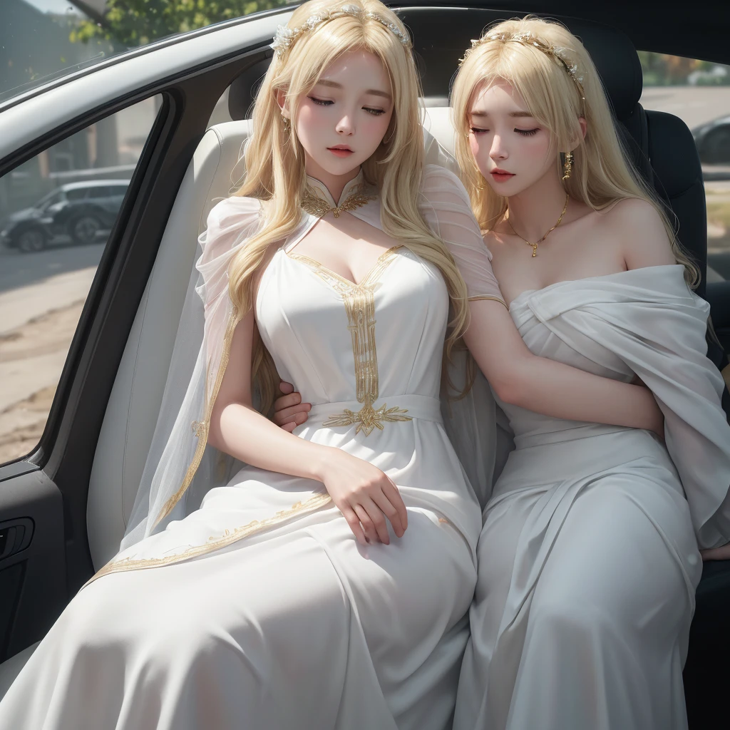 ((masterpiece)), ((best quality)), 8K, HD, Super Detail, (Miss), (White dress with gold trim), (Blonde hair shawl scattered), (Expressions close your eyes) (Sleeping in the car 1.6) (Full body display 1.4) 这件艺术品堪称masterpiece, With the best quality and high detail, captured in 8K HD. Photographic Practical, Practical, very detailed illustrations Practical, Octane Rendering