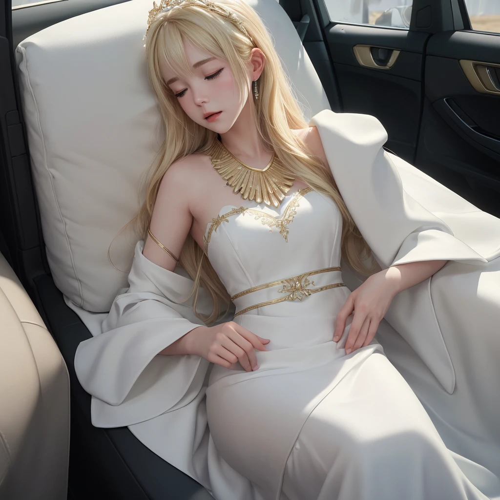 ((masterpiece)), ((best quality)), 8K, HD, Super Detail, (Miss), (White dress with gold trim), (Blonde hair shawl scattered), (Expressions close your eyes) (Sleeping in the car 1.6) (Full body display 1.4) 这件艺术品堪称masterpiece, With the best quality and high detail, captured in 8K HD. Photographic Practical, Practical, very detailed illustrations Practical, Octane Rendering